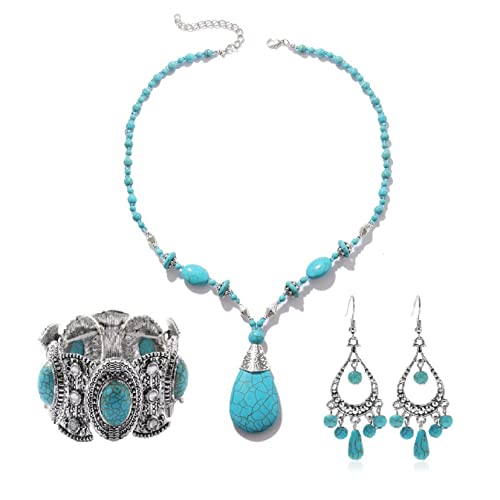 Yifnny Turquesa Joyería, 3 Piezas Juegos de Joyas Vintage Bohemias Collar Pendientes Pulsera Conjunto Occidental Etnica (3 Piezas)