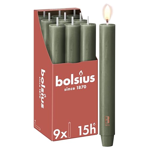 Bolsius - Stabkerze XL Rustik - 23 x 3 cm - olivgrün - im Karton zu 9...
