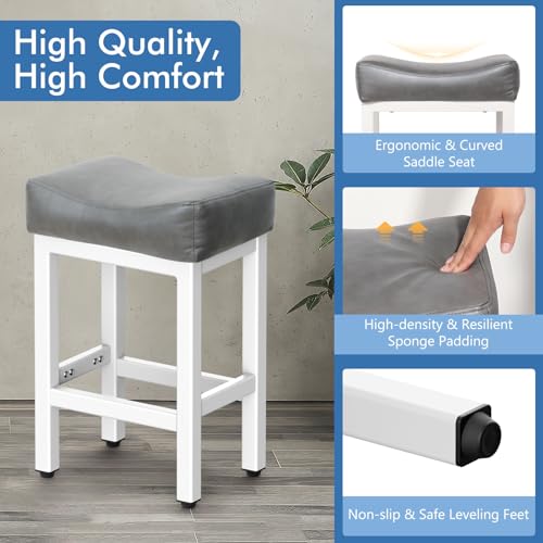 Image of Raynesys Counter Height Bar Stools Set of 3, 24 Inch Barstools for Kitchen Island Counter, Bonded Leather Kitchen Stools with Thick Saddle Seats & Heavy Duty Metal Base, Easy Assembly, Gray /White