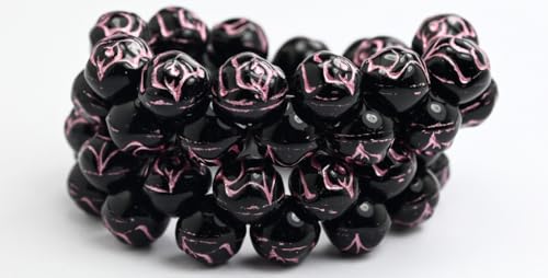 Round Pressed Glass Beads with Rose, Black Pink Lined (23980-54321), Glass, Czech Republic (9 x 9 mm)