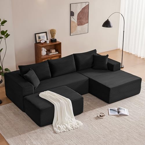 Image of Mangodan 110 inch Cloud Sectional Couch, Boneless Sofa for Living Room, Modular Sectional Sofa with Deep Seat, Comfy Fluffy U-Shaped Couch with Right-Facing Chaise, No Assembly Required, Black