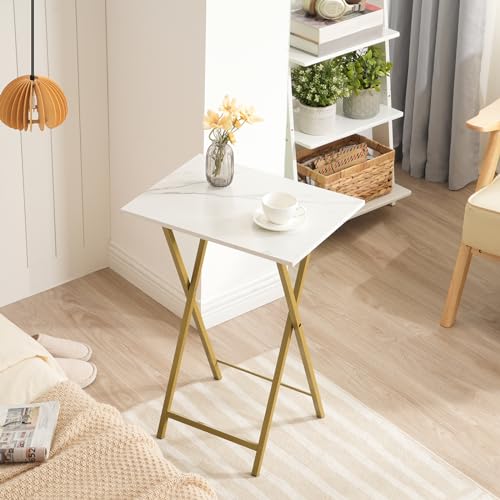 Image of HOOBRO Folding TV Tray Tables, Set of 4 TV Trays with Storage Rack, Industrial Side Table for Eating at Couch, Foldable Snack Table for Small Space, Easy Assembly, Marble and Gold DM50BZ01