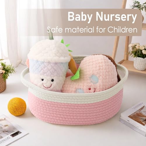 Image of JMvicyroam Small Woven Basket, Empty Gift Basket, White&Pink /3 Pack | Small Gift Basket, Cotton Rope, 12 x 8 x 71 in, Handles, Includes Ribbon and Bag, Birthday Gift Basket