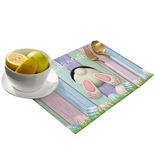 Easter Day Placemats Set Of 4 - Spring Easter Bunny Colorful Wooden Board Place Mat For Dining Table Washable Cotton Linen Table Mats, 13 X 19 Inch #TOP1