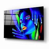 Blue Neon Lady Colorful Night Perfect Modern Fabulous Gift UV Printing Durable Tempered Glass Wall A