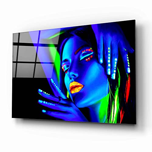 Blue Neon Lady Colorful Night Perfect Modern Fabulous Gift Uv Printing Durable Tempered Glass Wall Art (70X110 Cm (27X43 Inches)) #TOP9