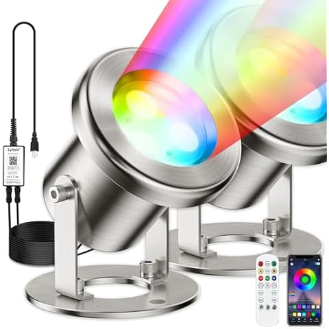 LyLmLe LED Pond Lights with APP Control, 6W SS316 Stainless Steel RGB Underwater Fountain Light with 12V Transformer, IP68 Waterproof Outdoor Underwater Lights for Pond Waterfall, Black Wire(2-Spots) Cover