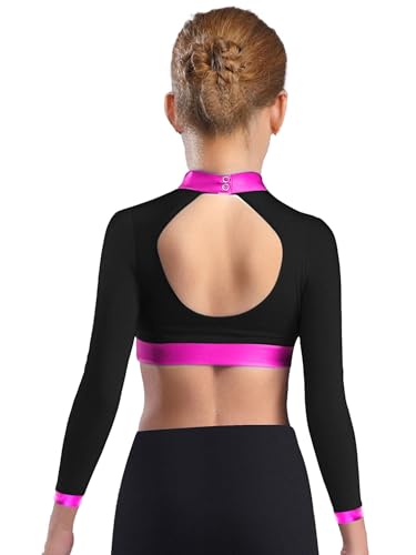 FEESHOW Kids Girls Crop Tops Sparkle Cutout Back Gymnastics Dance Tops Workout Athletic Dance Tee Shirts2