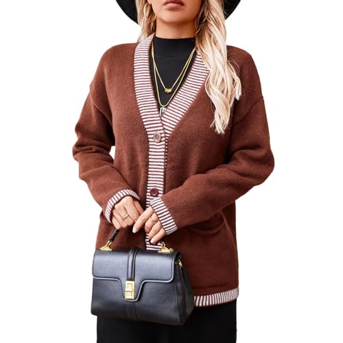 Image of Women Knitted Cardigan V Neck Button Long Sleeve Cardigan Fashion Coat with Pockets