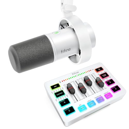 FIFINE Recording Microphone Pack with Gaming Audio Mixer, XLR/USB Dynamic Microphone with Gain Knob, Headphones Monitor, Mute Button, Streaming PC Mixer with Slider Fader, XLR Interface (K688W+SC3W)
