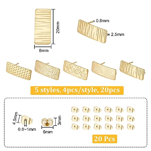 UNICRAFTALE 20Pcs 5 Style Golden Rectangle Stud Earring 304 Stainless Steel Textured Ear Stud Finding with Vertical Loops Metal Earrings Posts with Ear Nuts for Earring Jewelry Making - Image 4