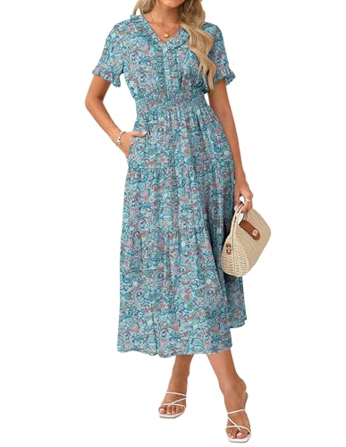 GRACE KARIN Casual Summer Dress for Women 2026 V-Neck Short Sleeve Ruffle Maxi Dress Blue Green Floral XL