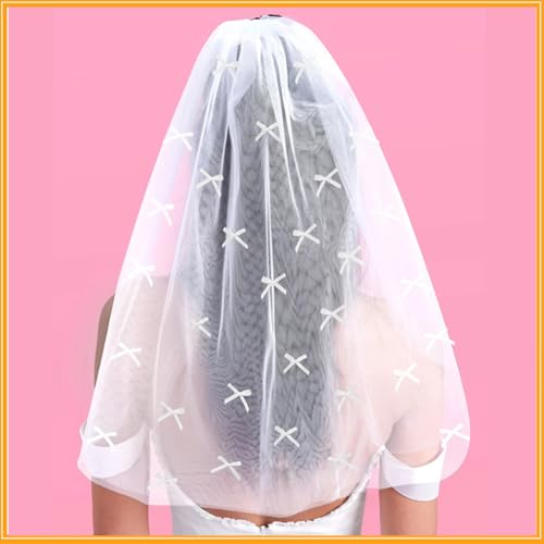 BEAMARKER Velo de Novia Corto con Lazo, de Malla Blanca, Ideal como Diadema para Novia, Regalo de Dama de Honor, para Despedida de Soltera, Boda, Despedida de Soltera, con Peine de Plástico.