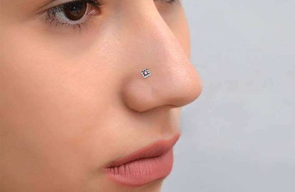 Crystal Stone Square Dot Design 22 Gauge 925 Sterling Silver Straight Nose Pin - Nose Stud - Tiny Nose Ring - Nose Piercing Body Jewelry