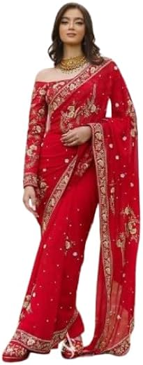 infabzon Saree for Womens Bollywood Style Georgatte fabric With Beautifull Embrodery Therd Zari Sequance Moti Work