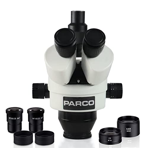 Image of Parco Scientific PZFZ 0.7X-4.5X Simul-Focal Trinocular Zoom Stereo Microscope Head, Pair of 10x Widefield (20mm) Eyepieces with Eye-Guards, 0.5X&2.0X Barlow Lens