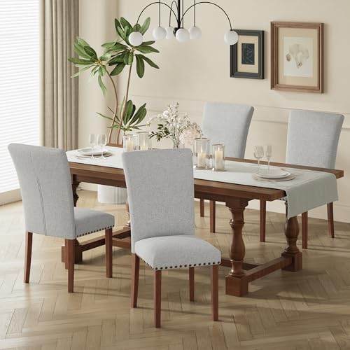 S Set Of 4, Fabric Dining Room Kitchen Side Chair With Nailhead Trim And Wood Legs - Light Grey