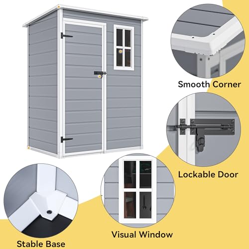 DWVO 5x3 FT Outdoor Storage Shed with Floor, All-Weather Resin Storage Shed with Window & Lockable Door, Waterproof Plastic Tool Storage for Garden Patio, Gray by DWVO - Image 3