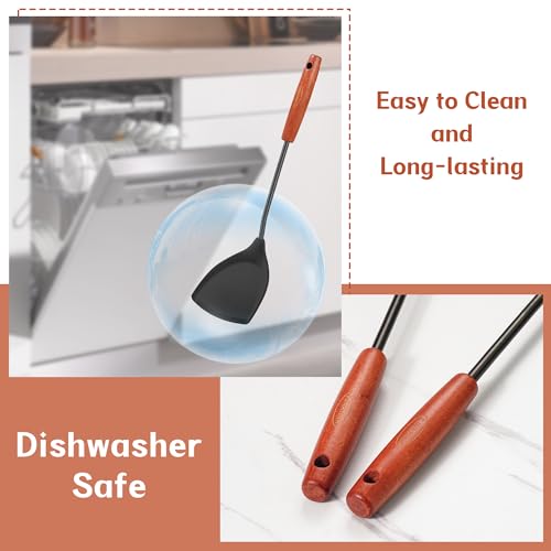 FJNATINH Silicone Wok Spatula,Ladle,Skimmer Ladle Tool Set,Non Stick Heat-Resistant Stainless Steel Cooking Utensils BPA Free Kitchen Utensils Cookware, Pack of 3,Black - Thumbnail 5