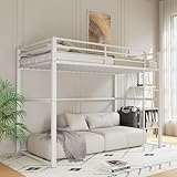 Metal Loft Bed Twin Size, Loft Bed Frame with Safety Guard Rails & Flat Ladder, Twin Loft Bed for Kids Teens Adults, White