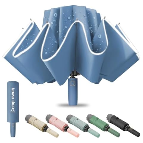 Damp away Automatic Windproof Travel Umbrella, Large Compact Inverted Umbrella for Travel, Portable Reverse Folding Car Umbrella, Strong Fiberglass and Aluminum Frame, 10 Durable Ribs, Blue Cover