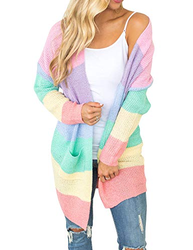 OUNAR Womens Color Block Striped Draped Kimono Cardigan with Pockets Long Sleeve Open Front Casual Knit Sweaters Coat Rainbow