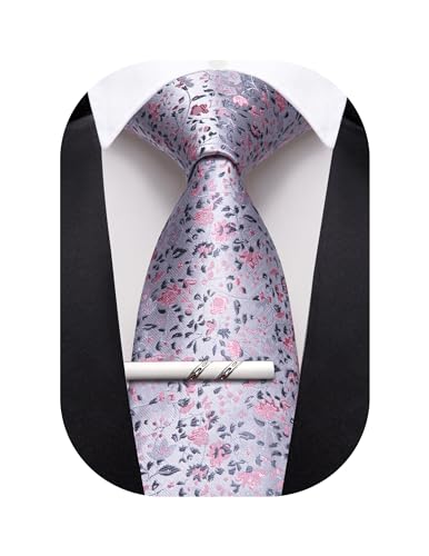 Image of Barry.Wang Floral Ties for Men Flower Necktie with Tie Clip Formal