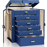AKOZLIN Large Jewelry Box Organizer Functional with Big Mirror, Leather Jewelry Storage Case for Women Girls Ring Necklace Earring Bracelet Holder Organizer Blue