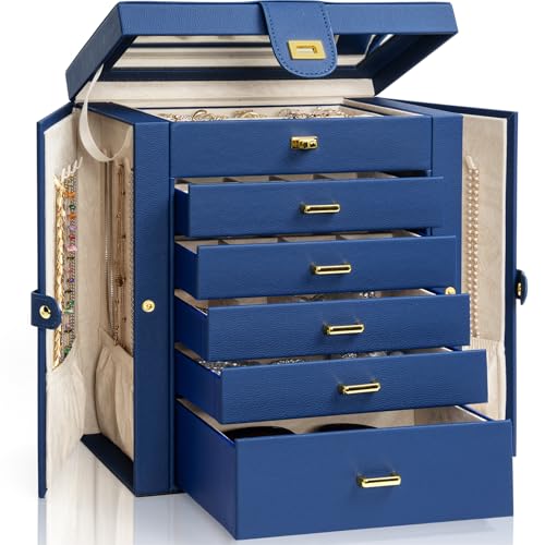 AKOZLIN Large Jewelry Box Organizer Functional with Big Mirror, Leather Jewelry Storage Case for Women Girls Ring Necklace Earring Bracelet Holder Organizer Blue