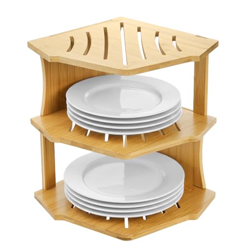 Frcctre 3 Tier Kitchen Corner Shelf Rack, Bamboo Corner Shelf Stand Plate Organizer for Cabinet Corner Space Storage Organizer for Kitchen Cabinet Countertop Pantry Bathroom