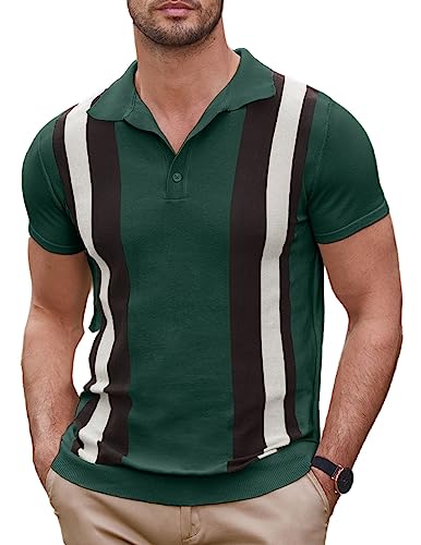 Coofandy Mens Vintage Contrast Stripes Polo Shirt Golf Knit, Green & Black, Medium, Short Sleeve #TOP5