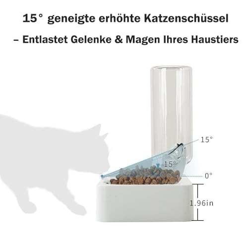 Marchul Katzennapf-Set mit Matte, Futternapf-und Wassernäpfe für Katzen und Kleine Hunde, 15° Neigbar Fressnapf Katze mit Automatischer Wasserflasche (Weiß+Matte)