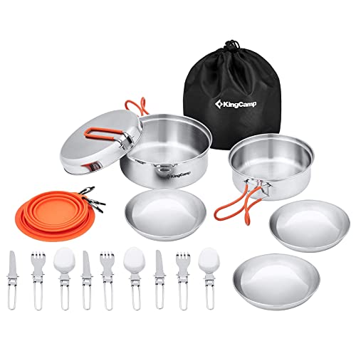 Kingcamp 25 Pcs Stainless Steel Camping Cookware Mess Kit Lightweight Compact Backpacking Cooking Set For Outdoor Picnic Hiking Includes Pot Pan Bowls Plates Knife Spoon Fork 3 Persons #TOP7