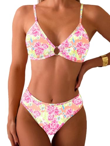Image of Fanuerg Women's Triangle Bikini Sets O Ring Linked Two Piece Swimsuits Floral Printed Cheeky Bathing Suit