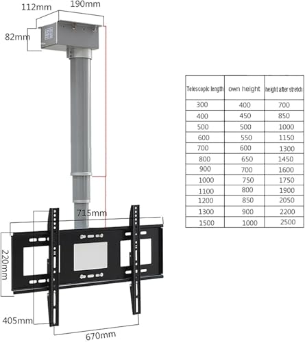 Support TV mural motorisé de plafond réglable avec élévateur et télécommande 70cm