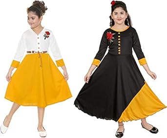 DIGIMART Girls Yellow Long Dress Gown & Yellow Belt Frock Combo Set