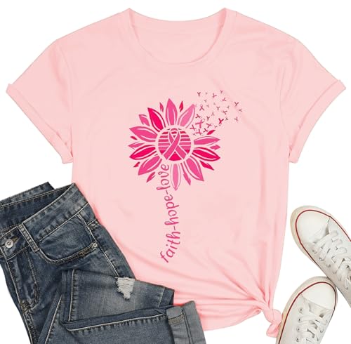 Breast Cancer Shirts Women Sunflower Pink Ribbon T-Shirts Breast Cancer Awareness Tee Tops