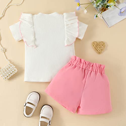 Lykmera Camiseta para meninas de manga curta com babados e nervuras, shorts, roupas para meninas 2 a
