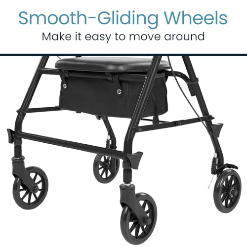 Vive Mobility Steel Rollator Walker with Seat - Foldable, Narrow, Rolling Senior Walker for Small Spaces - 4 Wheel Lightweight Adult Easy Drive with Underseat Storage, Adjustable Height (Black)