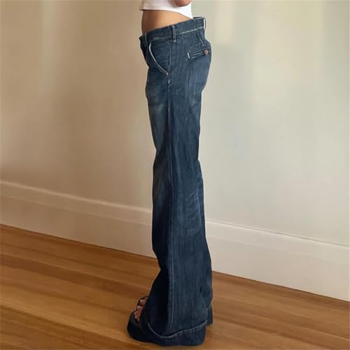 Women Washed Buttons Forloose Low Rise Basic Trousers Chic Pockets Straight Leg Denim Pants3