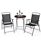 Backyard Expressions 3-Piece Folding Bistro Set – Outdoor Patio Furniture Set with 2 Mesh Chairs & Round Table – Weather-Resistant, Portable & Space-Saving Design for Balcony, Deck, Garden