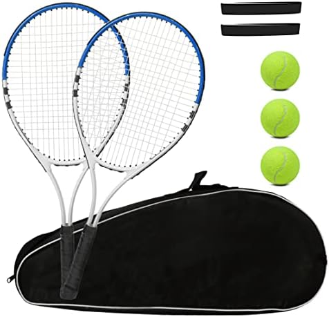 Tennis Racket Pre-Strung Lightweight 27 Inch Racquet Recreational Adult Rackets for Men Women Students Training Tennis Starter Kit with Balls,Carry Bag and Overgrips (Blue/White - 2 Rackets)