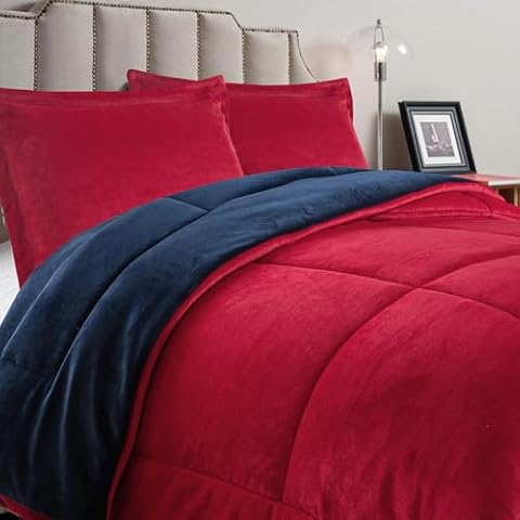 Petrichor Velvet Flannel Queen Comforter Set- Red and Navy Blanket,Soft Lightweight Cozy Warm Bedding Set, 3 Pieces Plush Winter Bed Set with Comforter (90"x90") & 2 Pillow Shams (20"x26") Cover