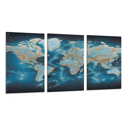 Carte du monde en toile murale 3 panneaux pour bureau moderne