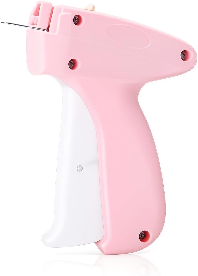 Handheld Micro Stitcher and Clothing Fastener Tool - Quick Fabric Repair Tool for Hemming, Securing Necklines, and Attaching Price Tags - Includes 1000 Pieces 2-Inch Barbs, Pink