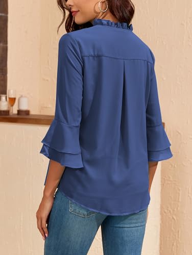 Famulily 3/4 Sleeve Tops for Women UK Ruffled V Neck Blouses Double Layered Chiffon Pleated Shirts (XXL, Royal Blue) - Image 3