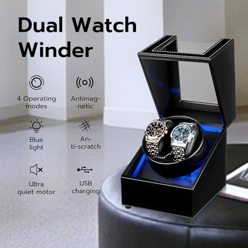 Mcbazel Watch Winder with Led Light, Dual Watch Winder Box for Automatic Watches, Ultra-Quiet Motor, 5 Rotation Modes, Gifts for Men, Beloved, Women - Black by Mcbazel - Image 2