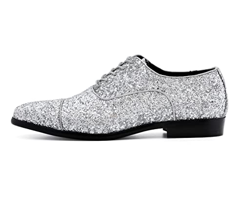 Amali Lawrence - Men's Glitter Dress Shoes - Glitter Cap Toe Oxfords, Lace Up Mens Dress Shoes (Silver/Size 8.5) #TOP1