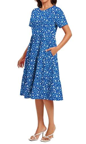 Image of Womens Summer Short Sleeve Crew Neck Midi Dress 2026 Casual Fit Flowy Tiered Beach Vacation Sundress with Pockets