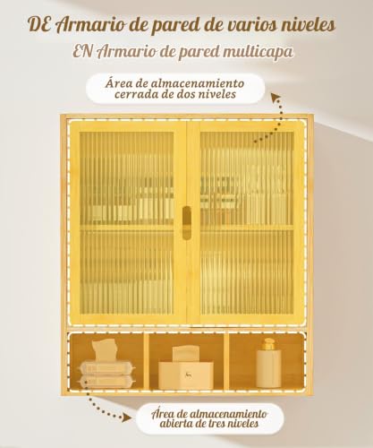 Miniatura 4 de Yorbay Armario De Baño Pared Con 2 Puerta Magnética Transparente Y Compartimento Abierto, Armario Botiquín De Bambú Para Baño, Armario De Colgar Que Ahorra Espacio, 22 X 59 X 66 Cm Color Bambú
